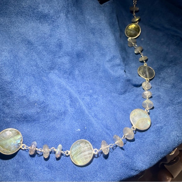 36” sterling handmade necklace with round and disk shaped faceted labradorite. - Picture 9 of 12